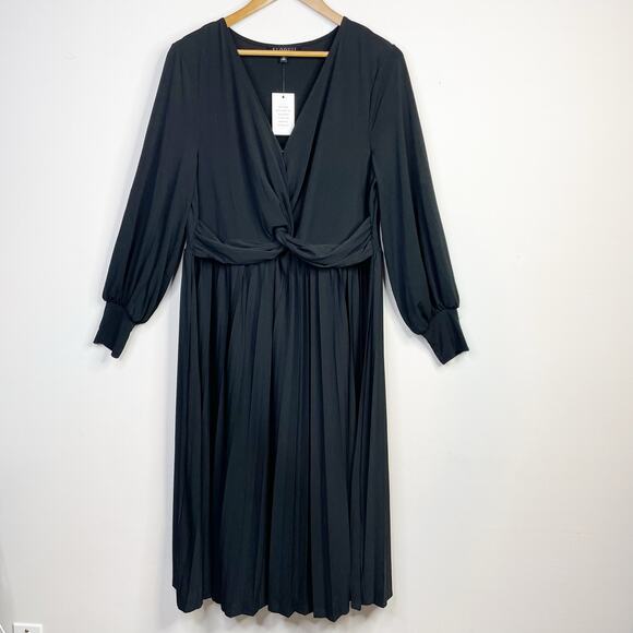 Eloquii Knot Front Pleated Skirt Dress Black Stretch Jersey Knit Long Sleeve 18 - Picture 3 of 17